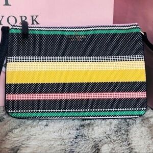 Kate Spade Boardwalk Stripe Crossbody Bag Leather Trim Triple Compartment NWT
